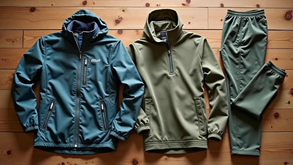 Outdoor clothing items laid flat on a wooden surface including jacket, layers, and accessories