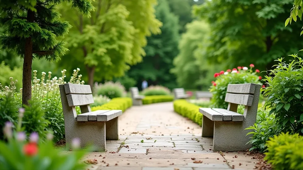 Outdoor seating area with stone benches overlooking garden pathways and flowering borders