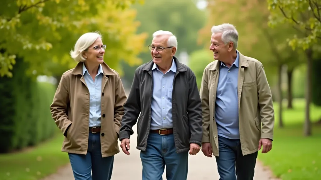 Group of older adults walking together on a garden path, smiling and enjoying conversation during a leisurely stroll