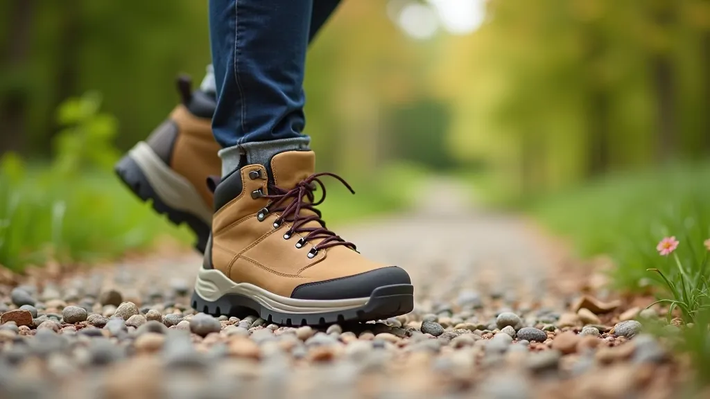 Close-up of hiking boot on rocky trail with forest background