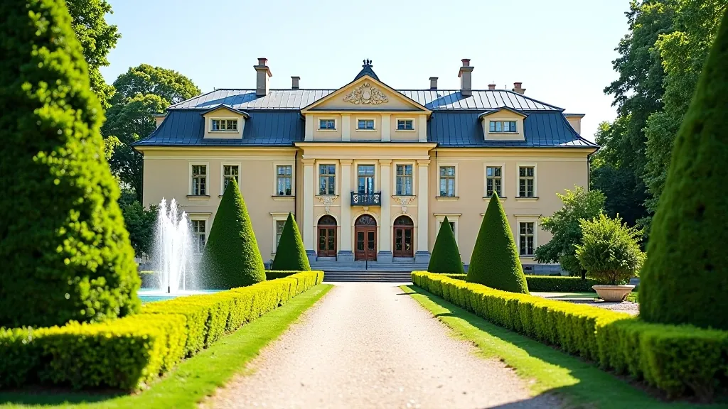 Historic Baroque palace facade with manicured gardens and ornamental statuary visible in the foreground