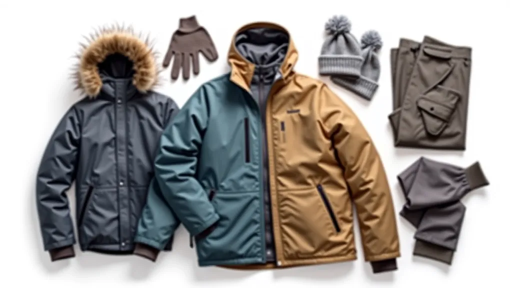 Selection of weather-appropriate clothing and gear laid out, including waterproof jacket, hat, gloves, and layered items