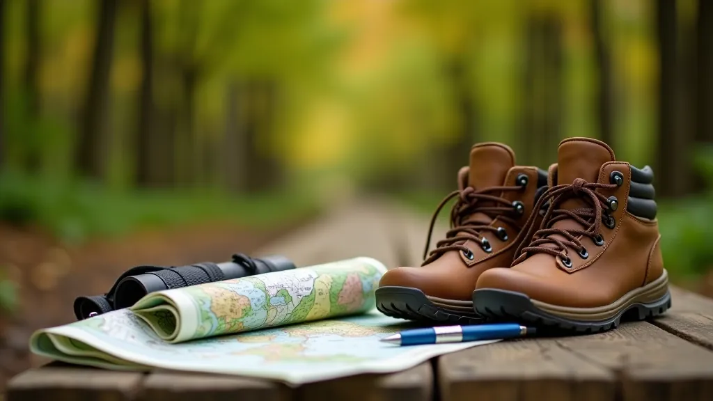 Close-up of walking boots and trail map on a wooden bench with binoculars and nature journal beside them