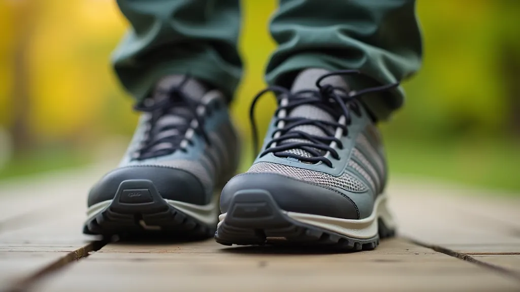 Close-up of high-quality walking shoes arranged on a wooden surface, showing supportive design and proper tread patterns