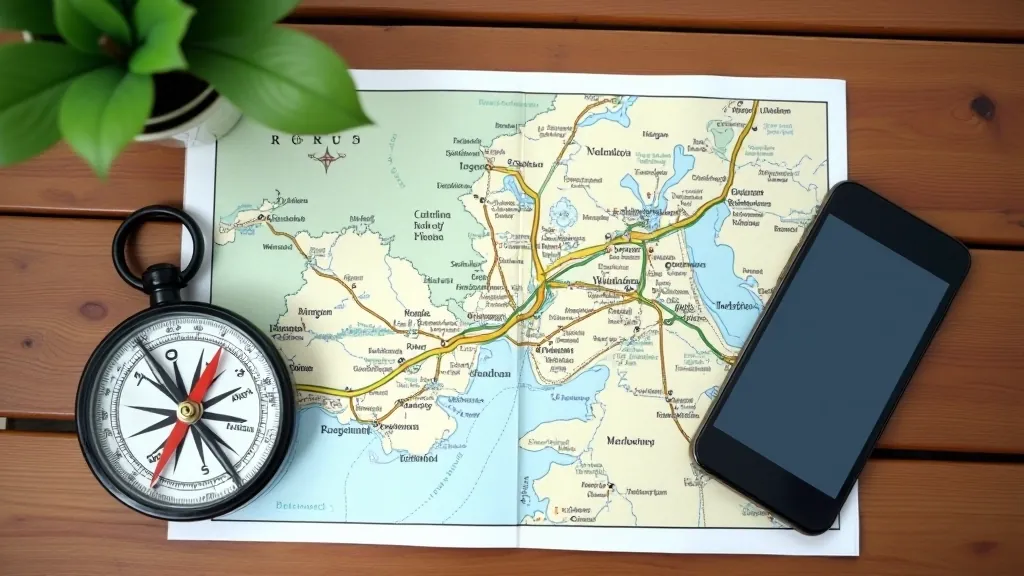 Map and compass laid out on a wooden table with a smartphone showing navigation app