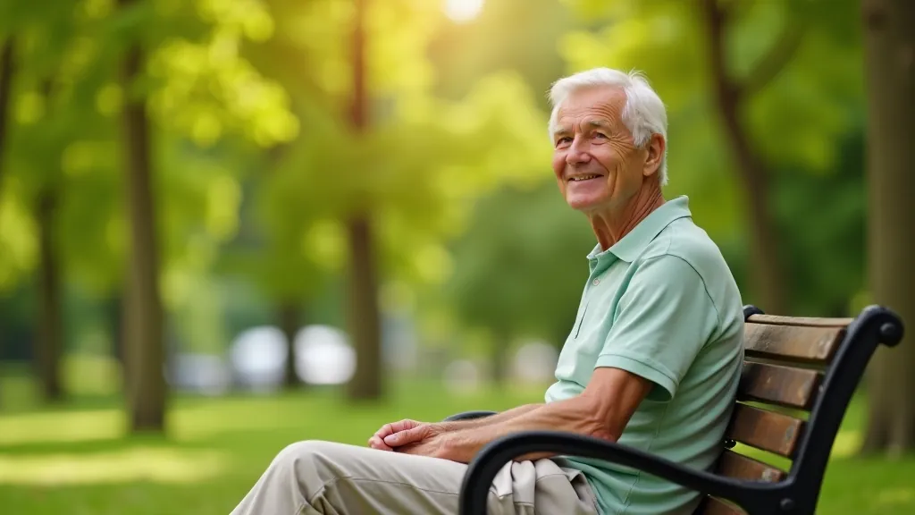 Older adult resting on a park bench during a walk, looking relaxed and comfortable in natural outdoor setting
