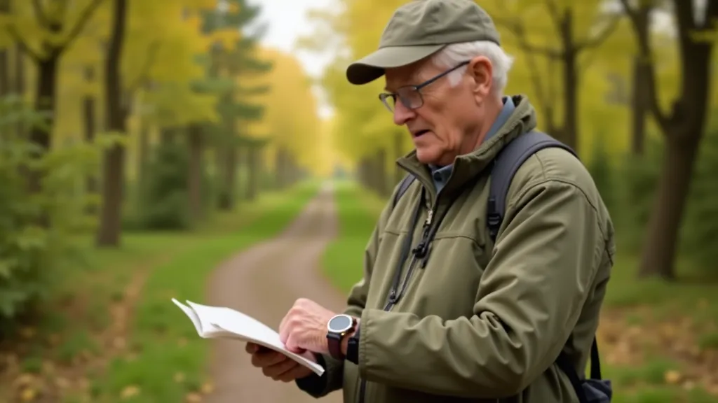 Person checking watch and map during outdoor walk in scenic landscape