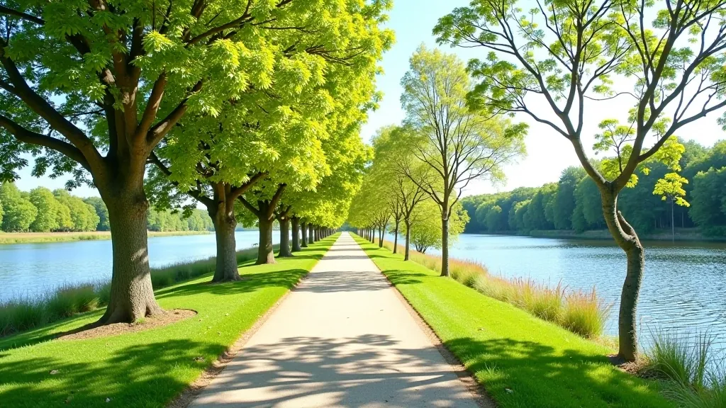 Scenic riverside walking path lined with mature trees, peaceful water reflections, and clear sky, inviting outdoor setting